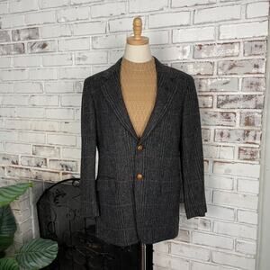 Vintage 80s 90s London Fog Wool Grey Red Plaid Leather Button Blazer